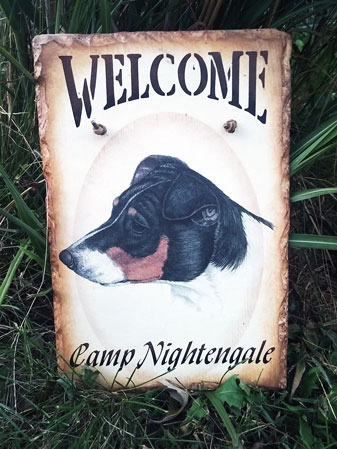 Welcome to Camp Nightengale sign with a picture of a terrior in the middle